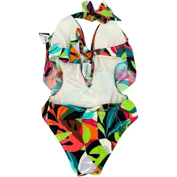 Bar III One Piece Swimsuit Green/Pink Printed Plunge Neck Halter Draped | NEW!🩵 - Picture 7 of 11